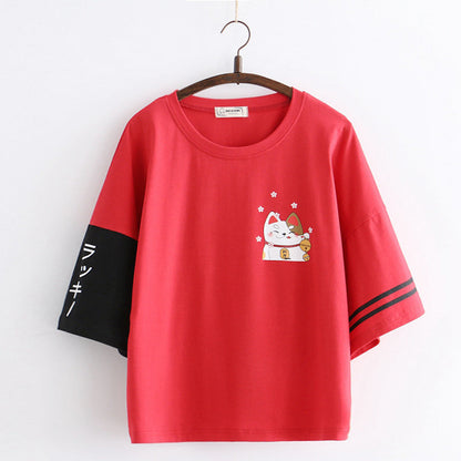 Japanese Lucky Cat Letter Print Casual T-shirt