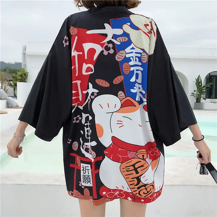 Vintage Fortune Cat Letter Print Cardigan Kimono Outerwear