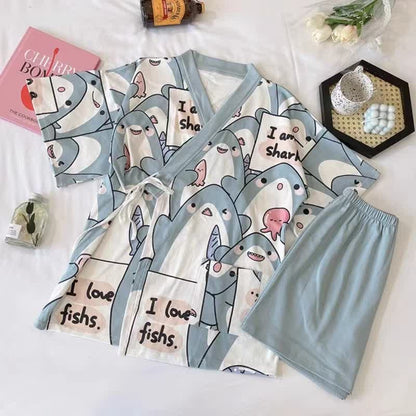Kawaii Cartoon Shark Letter Print Japanese Kimono Pajamas Set