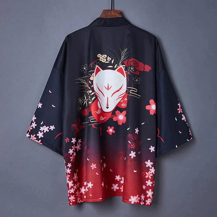 Vintage Sakura Fox Mask Lantern Kimono Outerwear
