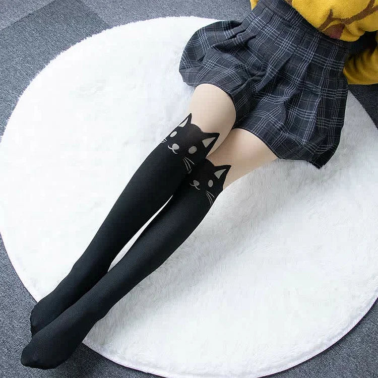 Kawaii Kitty Print With Tails Lolita Stockings Tights
