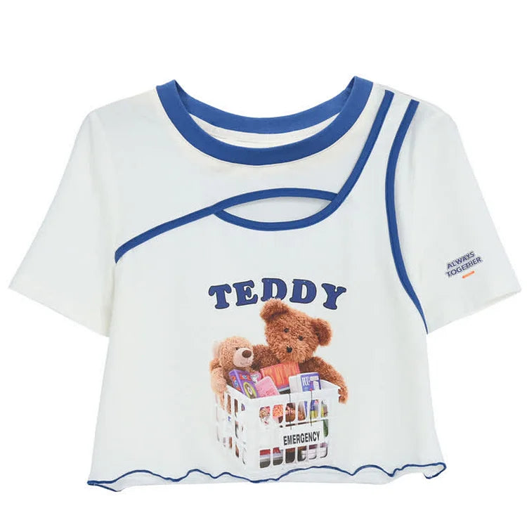 Cartoon Teddy Bear Print Matching Best Friends Crop T-Shirt