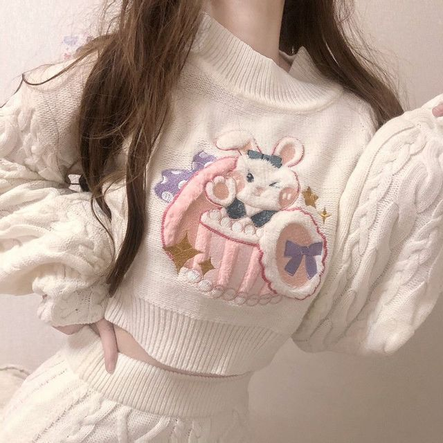 Kawaii Harajuku Bunny Sweater Knitted Skirt Set - Skirt, Tops, Trending - Kawaii Bonjour