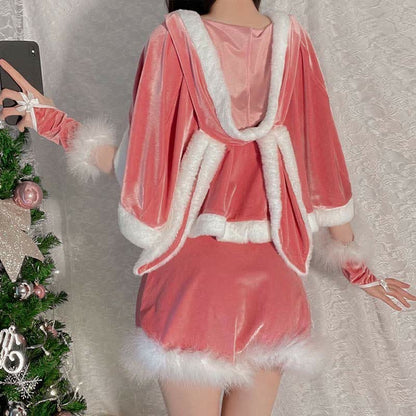 Sexy Cute Bunny Hooded Cloak Lace Up Plush Slip Dress