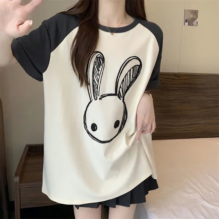 Cartoon Bunny Print Round Neck Colorblock T-Shirt
