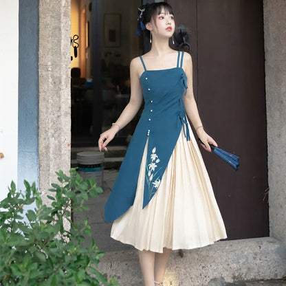 Vintage Floral Embroidery Pleated Slip Dress Hanfu Two Piece Set