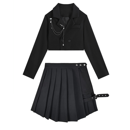 Dark Street Chain Crop Blazer Buckle Pleated Skirt