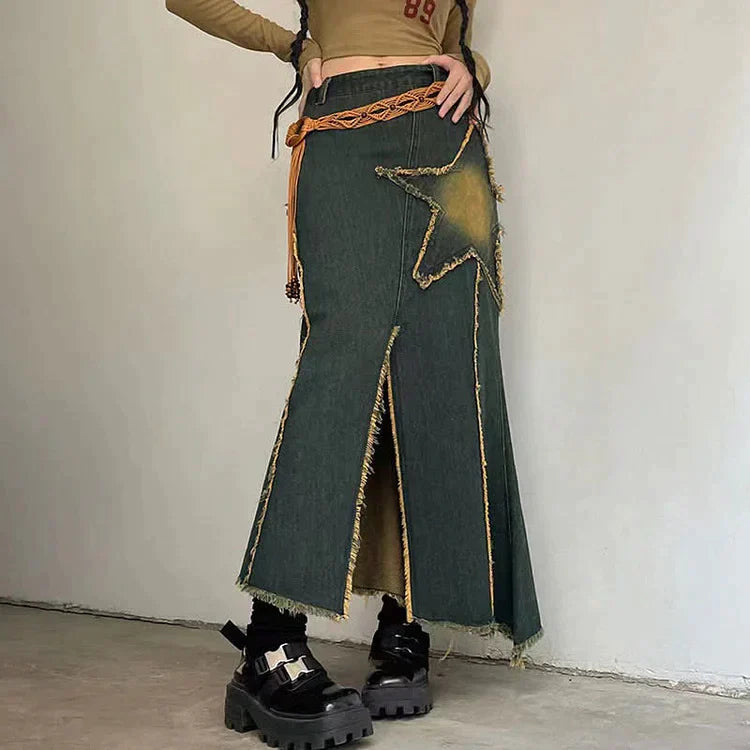 Vintage Star Pattern Split Denim Skirt