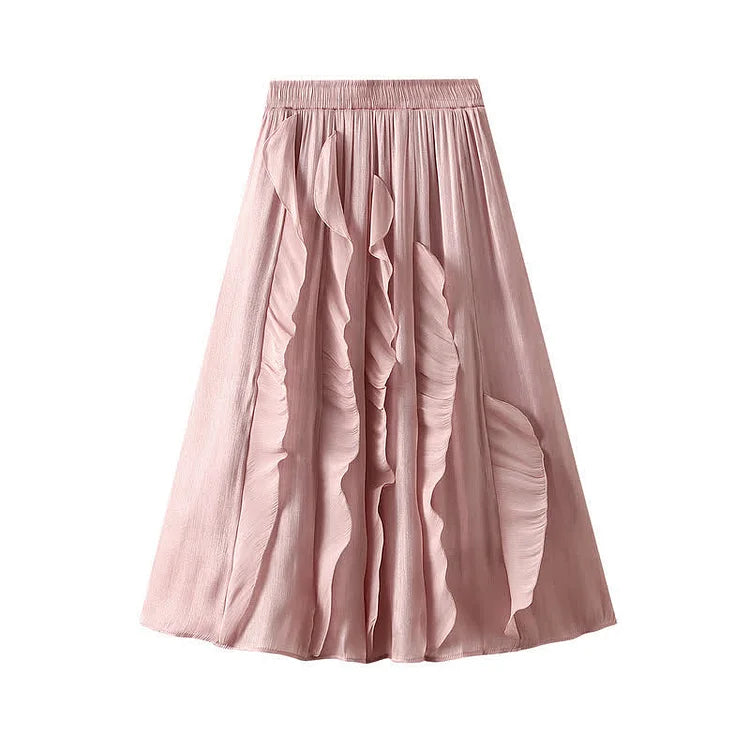 Pure Color Wavy High Waist Drape Flouncing Skirt
