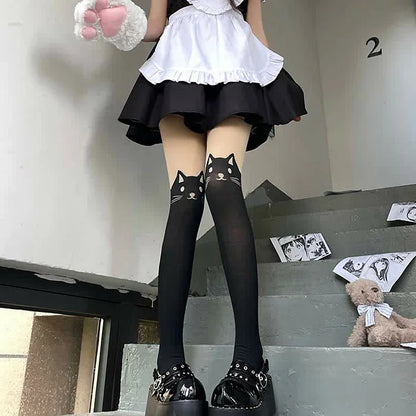 Kawaii Kitty Print With Tails Lolita Stockings Tights