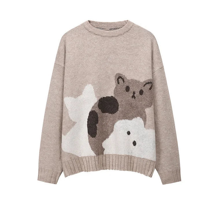 Cartoon Kitty Cat Print Casual Sweater