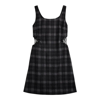 Love Heart Hollow Out Collar Shirt Lace Up Plaid Dress Two Piece