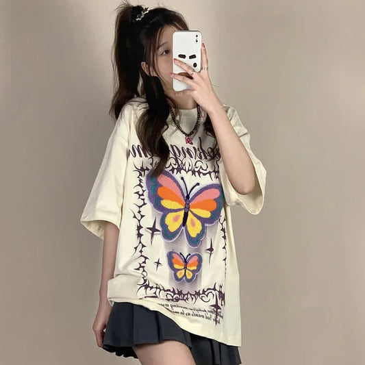 Butterfly Letter Embroidery Round Neck Loose T-Shirt