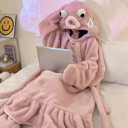 Kawaii Cartoon Octopus Plush Hooded Jumpsuit Pajamas Dress