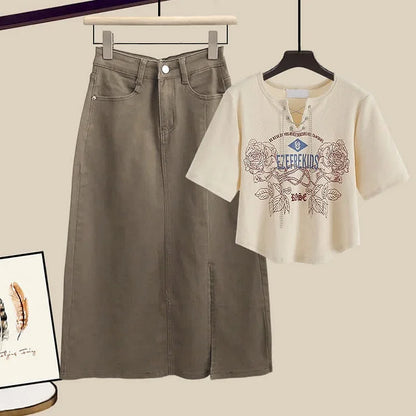 Retro Rose Letter Print Crop Top T-Shirt Split Denim Skirt