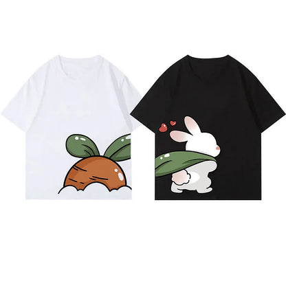 Girlfriend Boyfriend Cartoon Bunny Print Round Neck T-Shirt