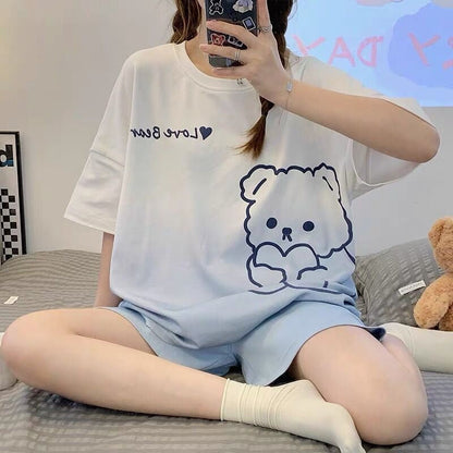 Cartoon Bear Heart Letter Summer Cotton Pajamas Set