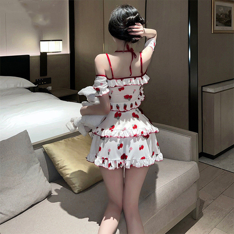 Kawaii Slash Neck Bowknot Strawberry Top & Skirt
