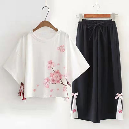 Kawaii Sakura Print Tassel T-Shirt Pants Two Piece Set