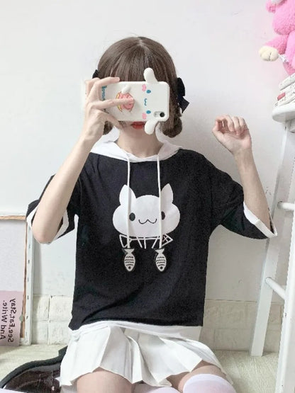 Cartoon Kitty Cat Fish Drawstring Hooded T-Shirt