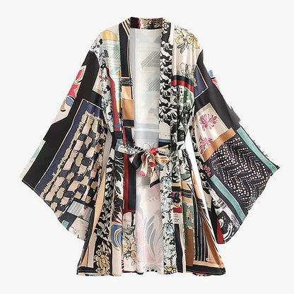 Vintage Floral Colorblock Print Robe Cardigan Kimono Outerwear Wide Leg Pants