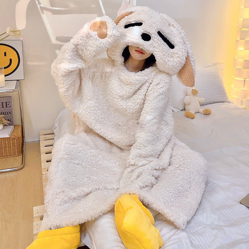 Kawaii Funny Bunny Embroidery Hooded Jumpsuit Pajamas Dress