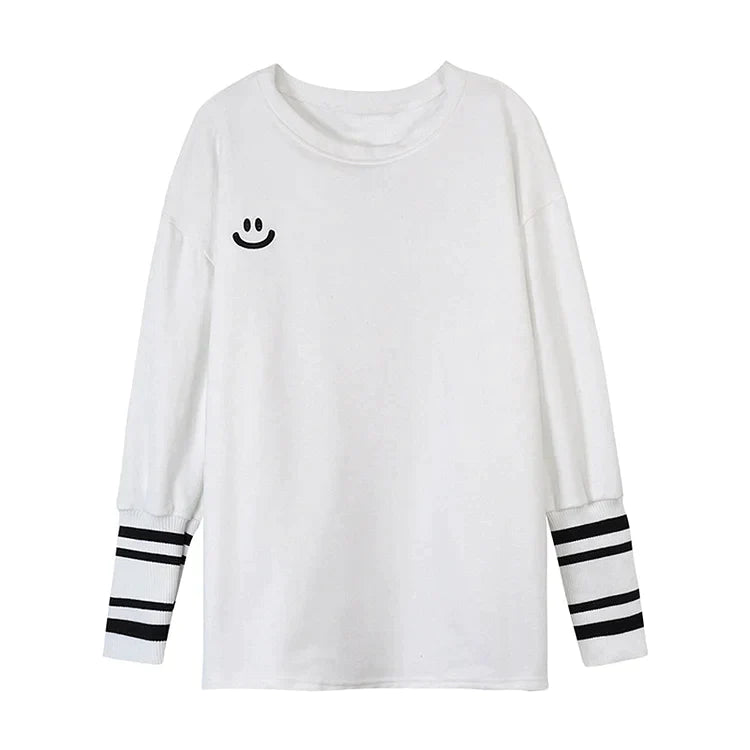 Kawaii Smiling Face Print Striped Sleeve Loose Shirt