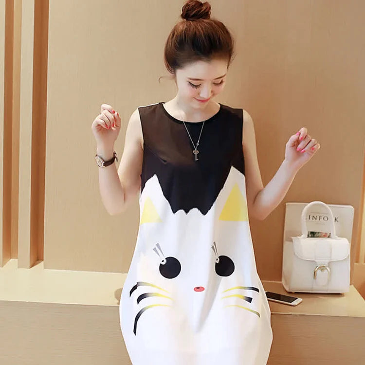 Cartoon Colorblock Cartoon Kitty Print Loose Dress