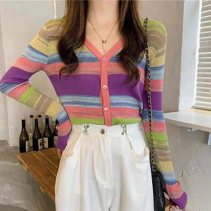 Chic V-Neck Rainbow Striped Colorblock Cardigan Shirt
