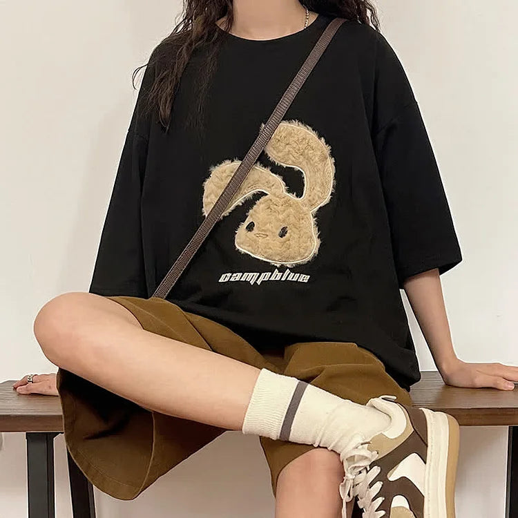 Cartoon Rabbit Letter Embroidery Round Neck T-Shirt