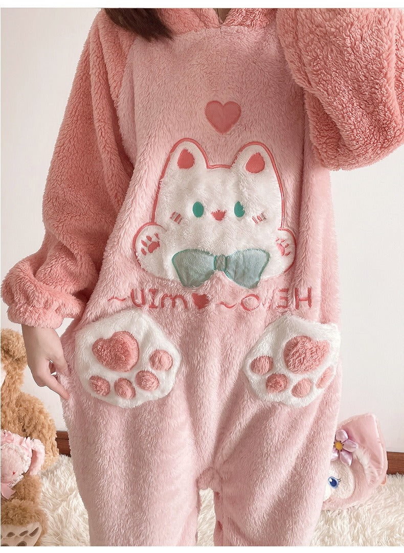 Cartoon Kitty Cat Paws Pockets Hooded Pajamas
