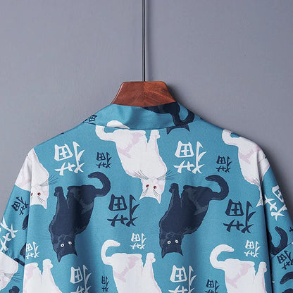 Vintage Cat Letter Print Casual Kimono Outerwear