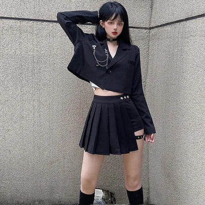 Dark Street Chain Crop Blazer Buckle Pleated Skirt