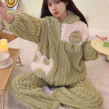 Kawaii Cartoon Bunny Dinosaur Plush Hooded Pajamas Set