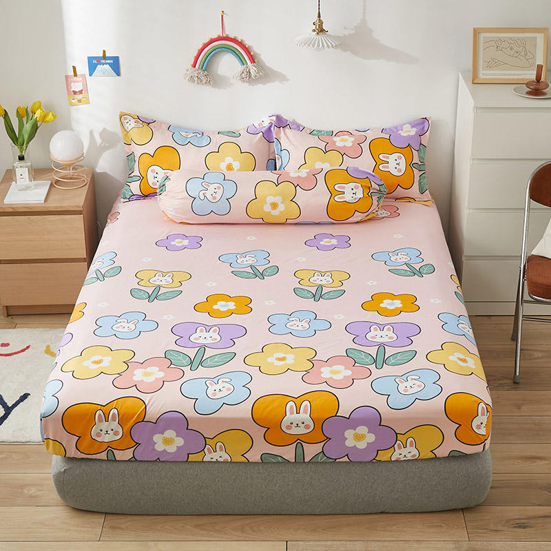 Cartoon Bunny Flowers Fitted Bedsheet
