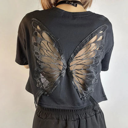 Chic Hollow Out Butterfly Pattern Crop Top T-Shirt