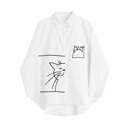 Cartoon Kitty Embroidery Pocket Loose Collar Shirt