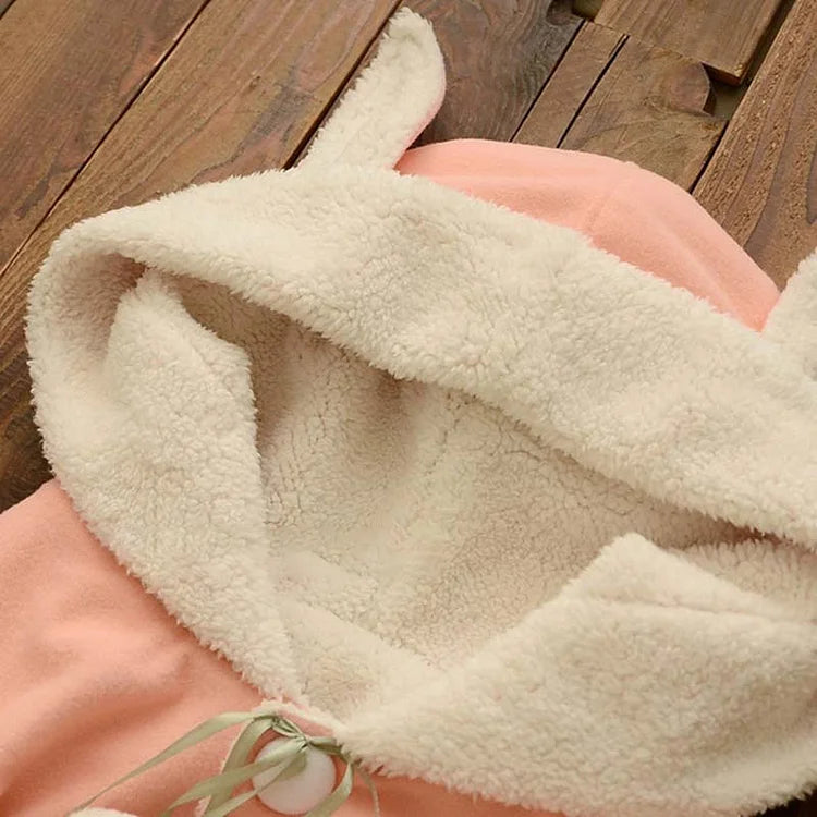 Bunny Ears Plush Pom Pom Drawstring Hoodie Cloak Coat