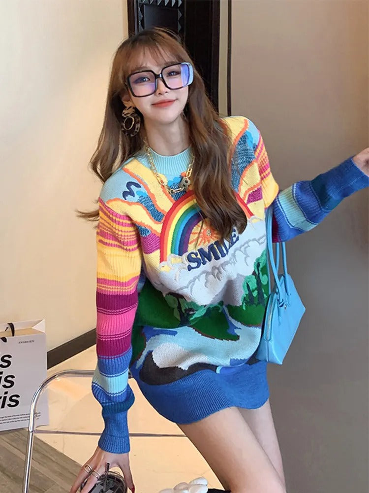 Kawaii Smile Nature Rainbow Sweater