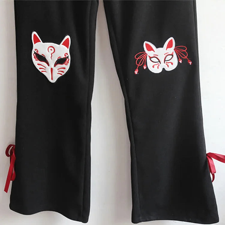 Vintage Fox Mask Coins Blessing Letter Embroidery Thicken Pants