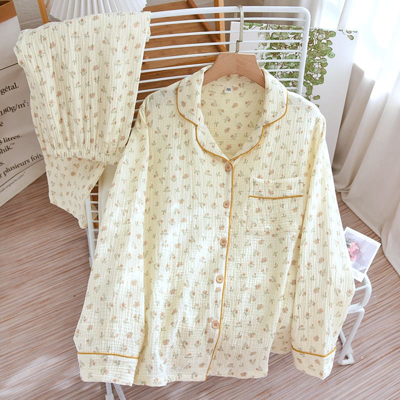 Ladies Pajamas Set Heart Printed Crepe Cotton Double-Layer Gauze