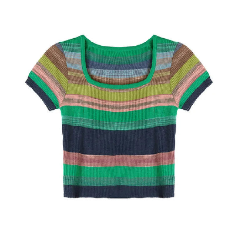 Chic Rainbow Striped Colorblock Short Sleeve T-Shirt