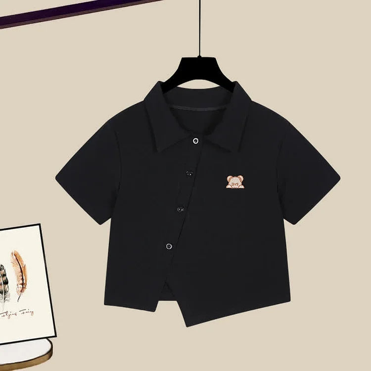 Bear Embroidery Crop Top Polo Collar T-Shirt Denim Shorts