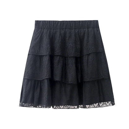 High Waist Floral Embroidery Layered Lace Skirt