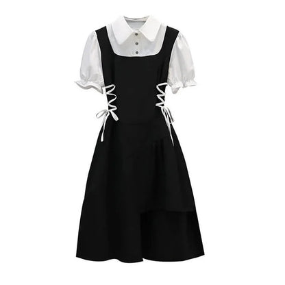 Irregualar Lapel Collar Puff Sleeve Lace Up Fake Two Piece Dress