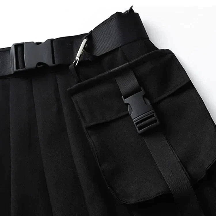 Street Off Shoulder Buckle Strap Zipper Crop Top Belted Pleated Skirt