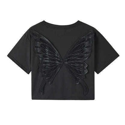 Chic Hollow Out Butterfly Pattern Crop Top T-Shirt