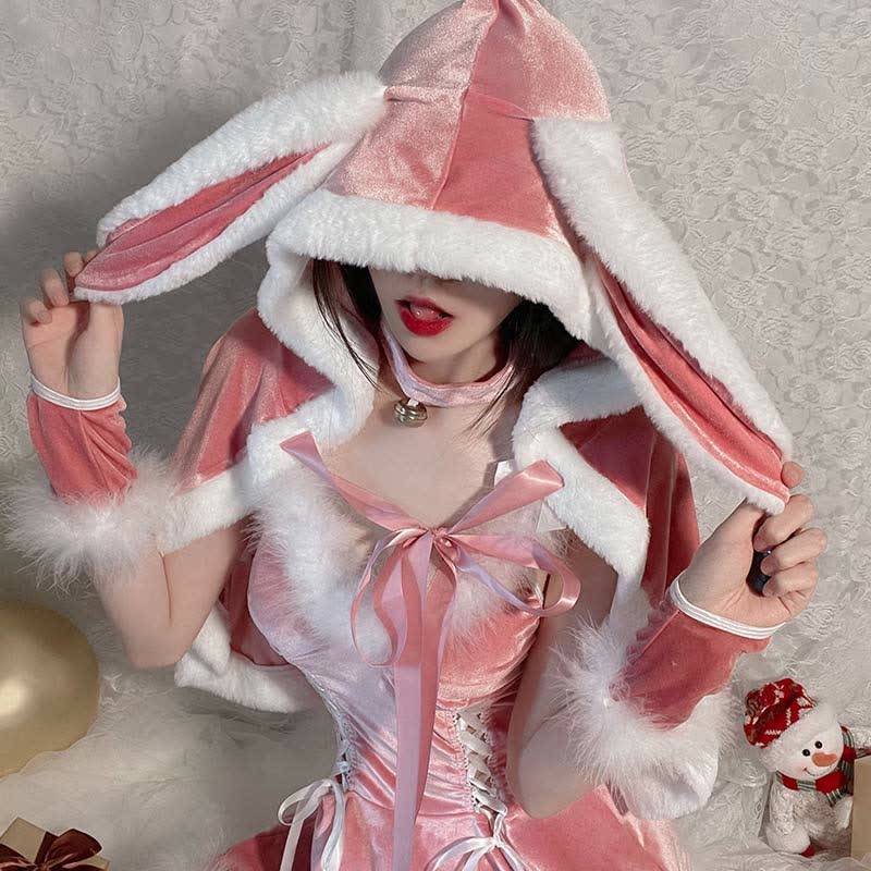 Sexy Cute Bunny Hooded Cloak Lace Up Plush Slip Dress