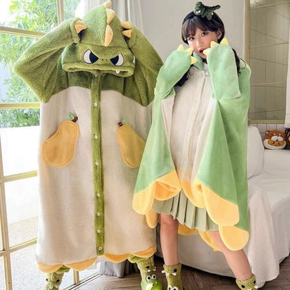 Kawaii Cartoon Dinosaur Pineapple Hooded Blanket Pajamas Set