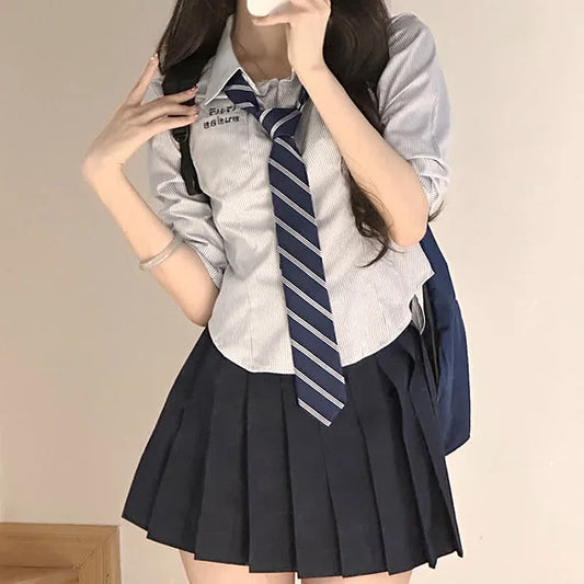 Letter Embroidery Striped Tie Polo T-Shirt Pleated Skirt JK Uniform
